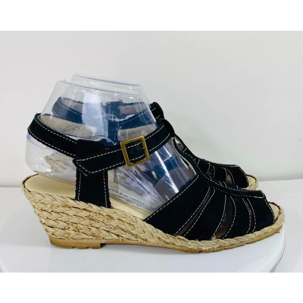 Andre Assous Espadrilles Leather Sandals Womens 8 Black Wedge T-Strap Buckle